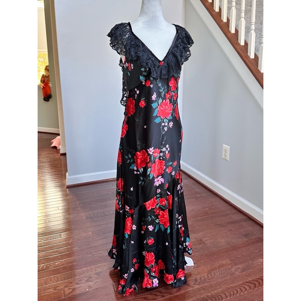 NWT Free People Warm Hearts Open Back Lace Trim Midi Dress‎ Black Floral Rose - Picture 10 of 12